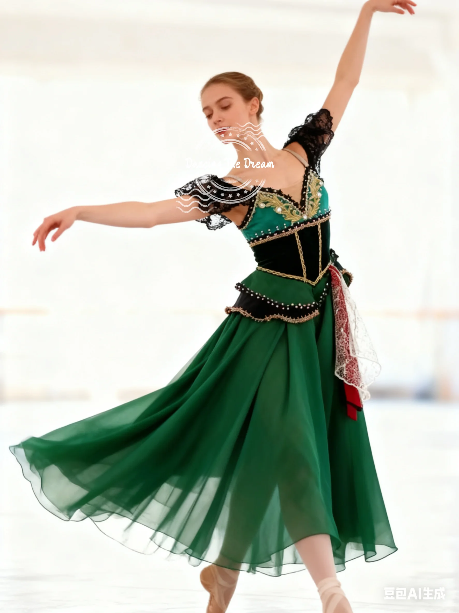 ثوب باليه أخضر رائع مع دانتيل وتطريز