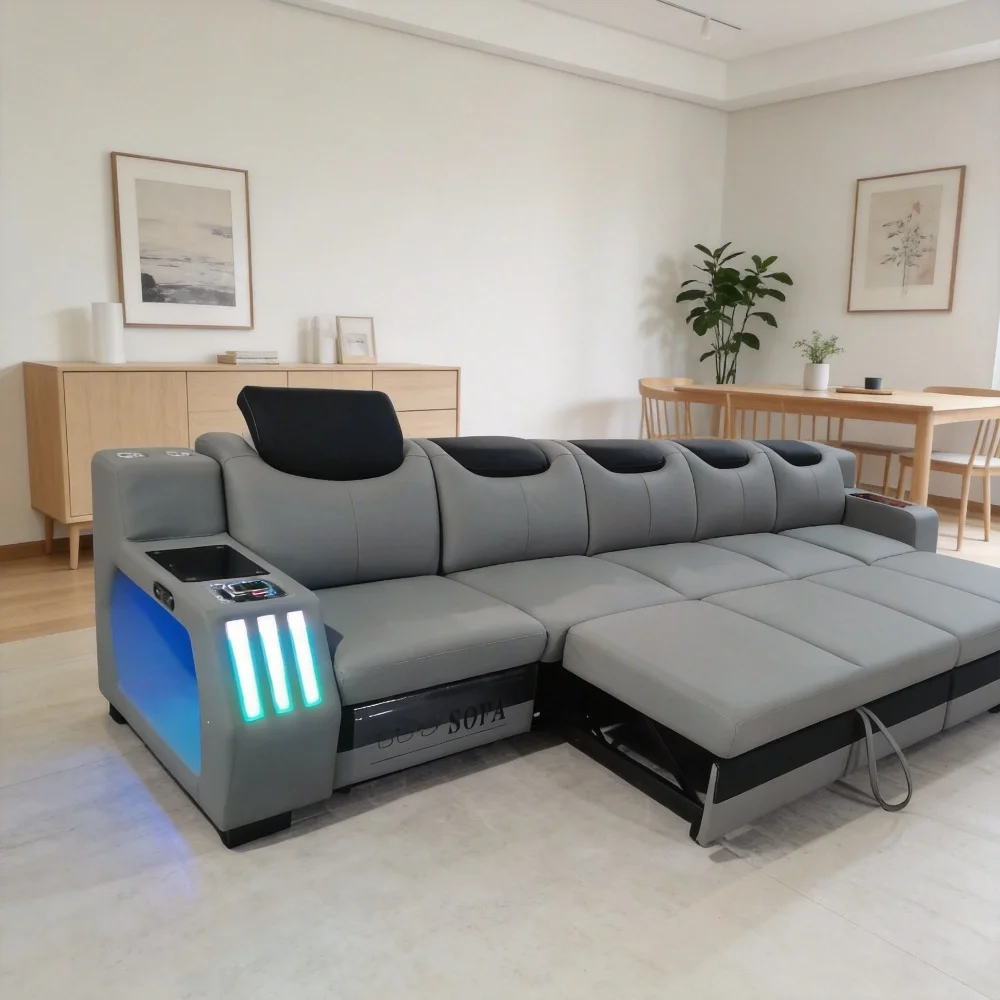 Multi-Functional Genuine Leather Sectional Sofa Bed with LED Lights, Storage, USB Charging Ports, Cup Holders and Reclining Seat