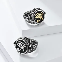 Mens Gold plated Egyptian Pharaohs Eye of Horus Ra Udjat Stainless Steel Ring Hip-hop Jewelry