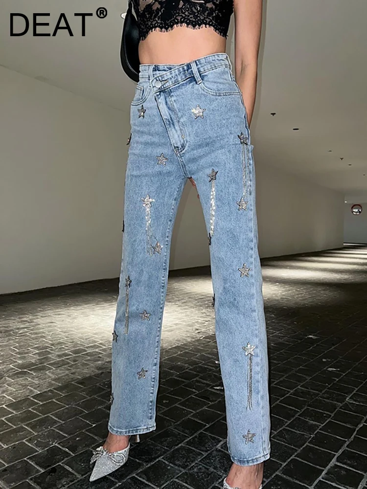 

DEAT Women's Jeans High Waist Stars Diamonds Tassel Asymmetric Solid Color Straight Denim Pants 2024 Autumn New Fashion 29L2980