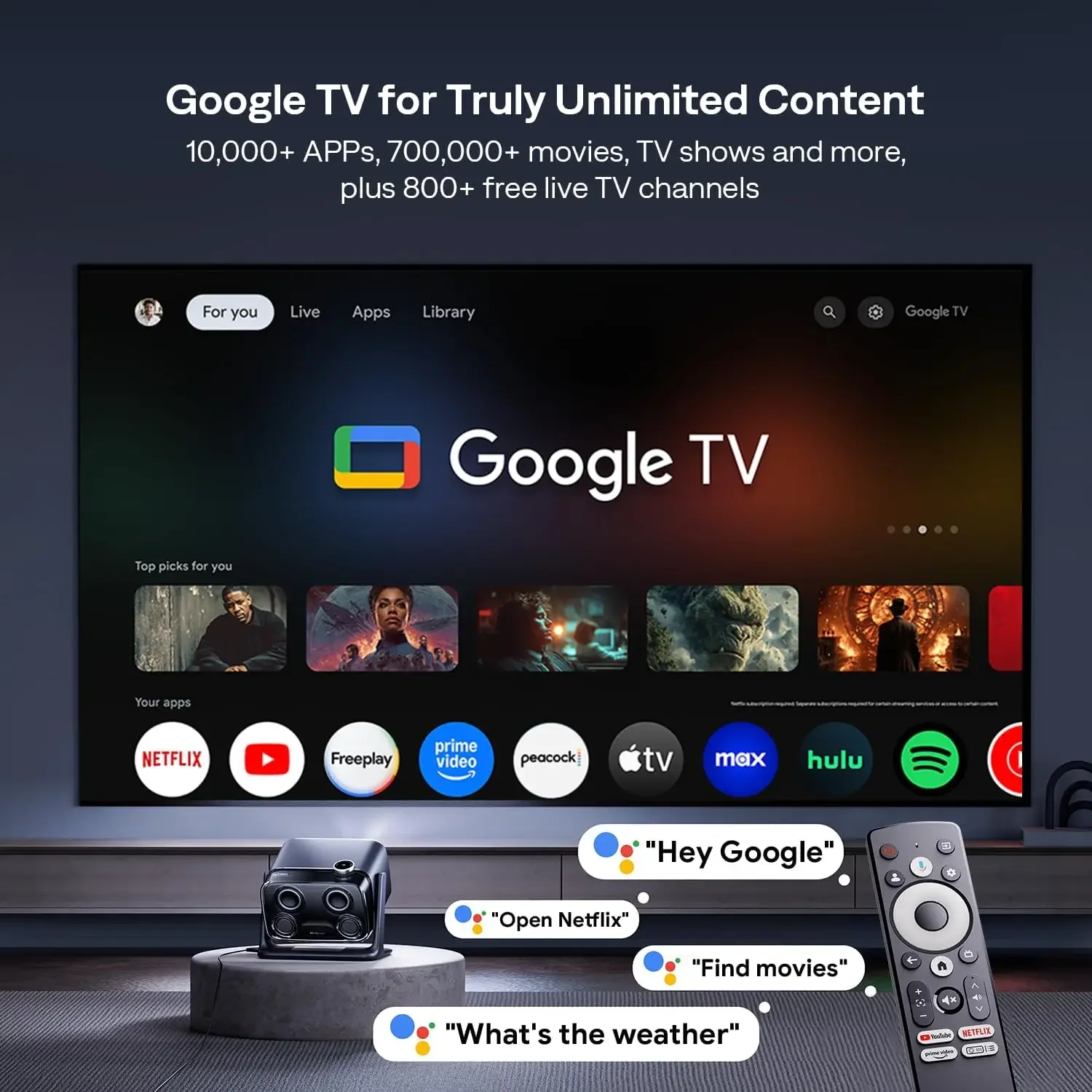BOOM mini Google TV Smart Projector with WiFi and Bluetooth, Voice Control, Family Mode, 20W Dolby Audio, Real-Time Focus,4K Sup