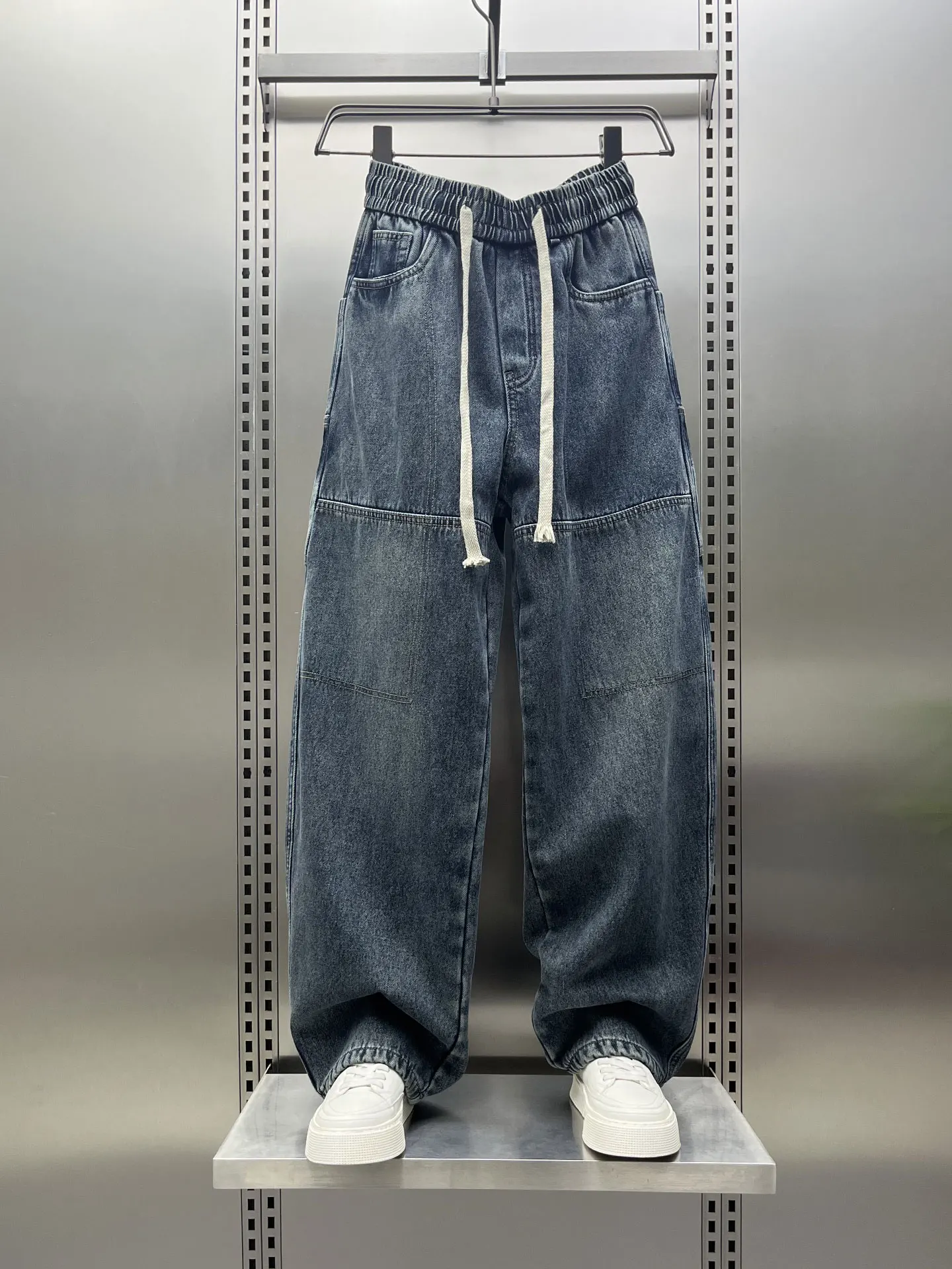 

Blue Fleece Lined Straight Leg Jeans Men's Winter Loose Casual Wide Leg Pants Washed Denim Trousers Stylish Straight Long Pants