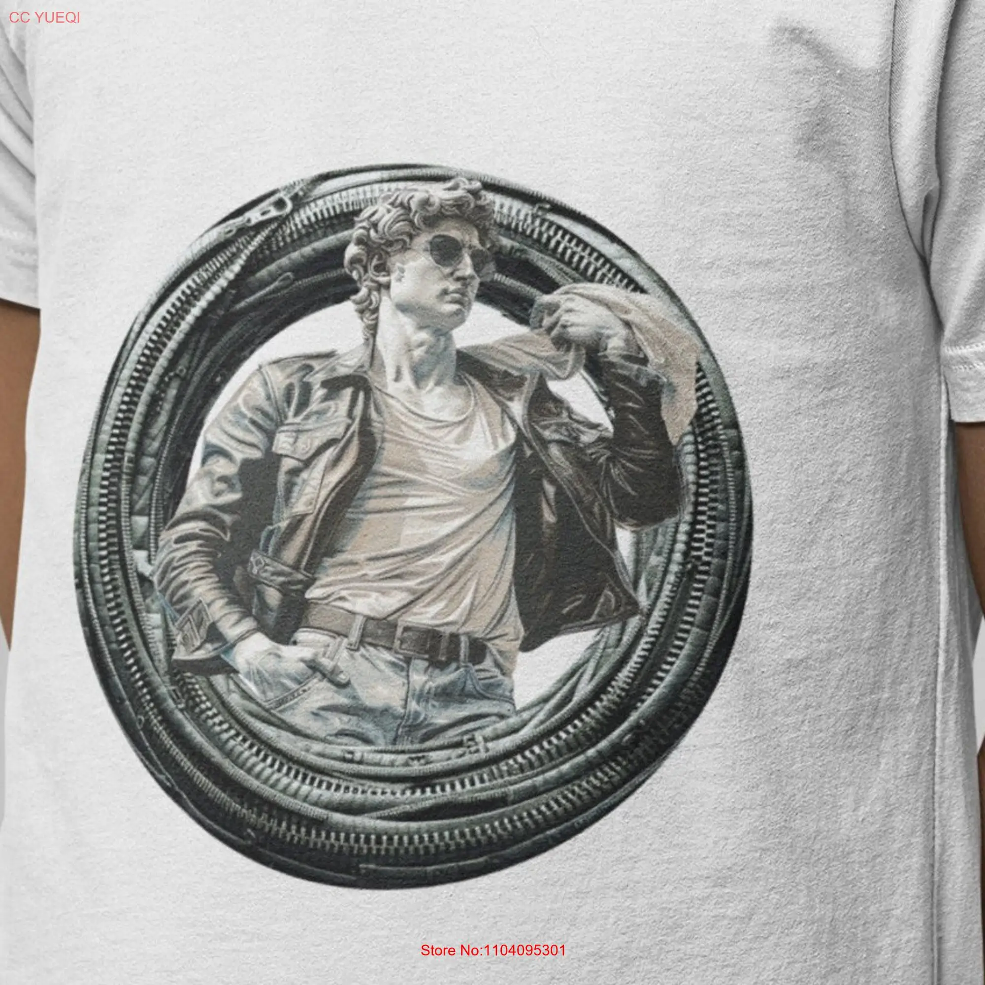 David's Modern Look T Shirt Stylish Michelangelo's David with Jeans and Leather Jacket Art Meets Fashion