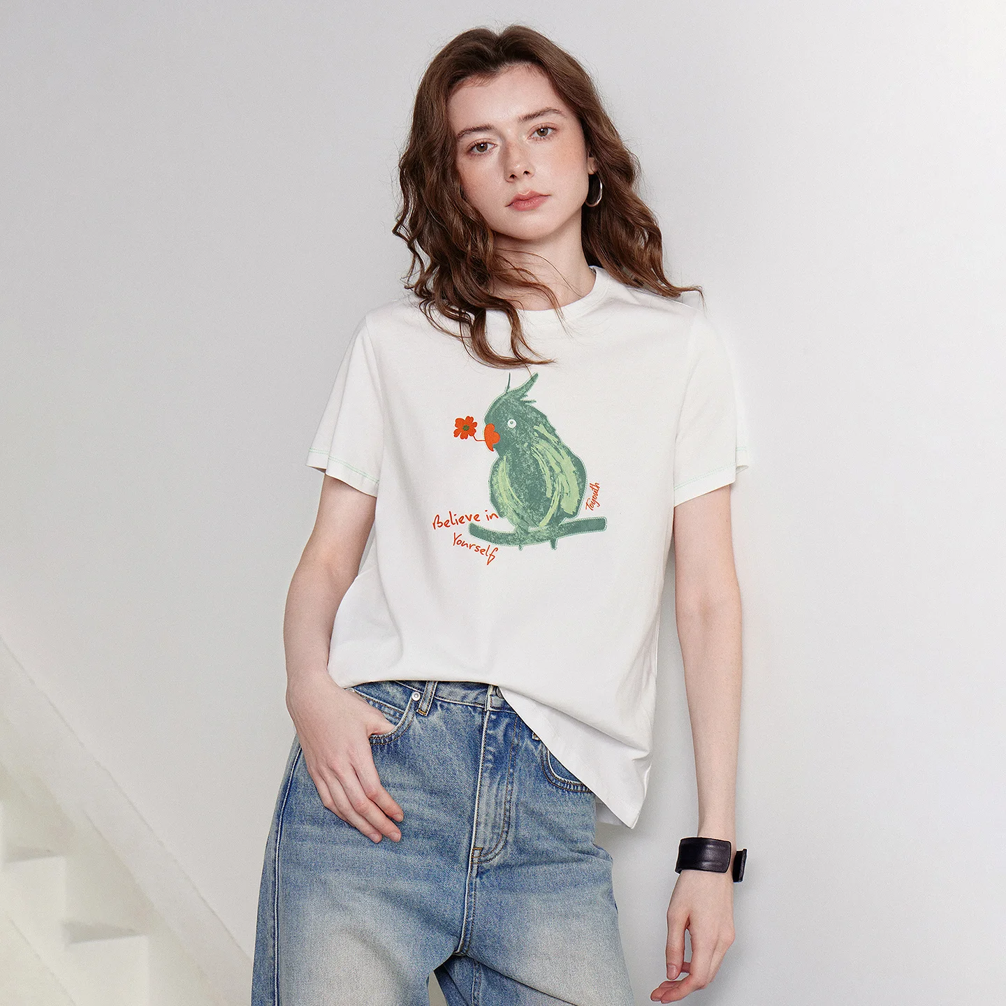 TOYOUTH Women Short Sleeve T-Shirt 2026 Summer New Parrot Printed 100% Cotton Color Block Pullover Tops