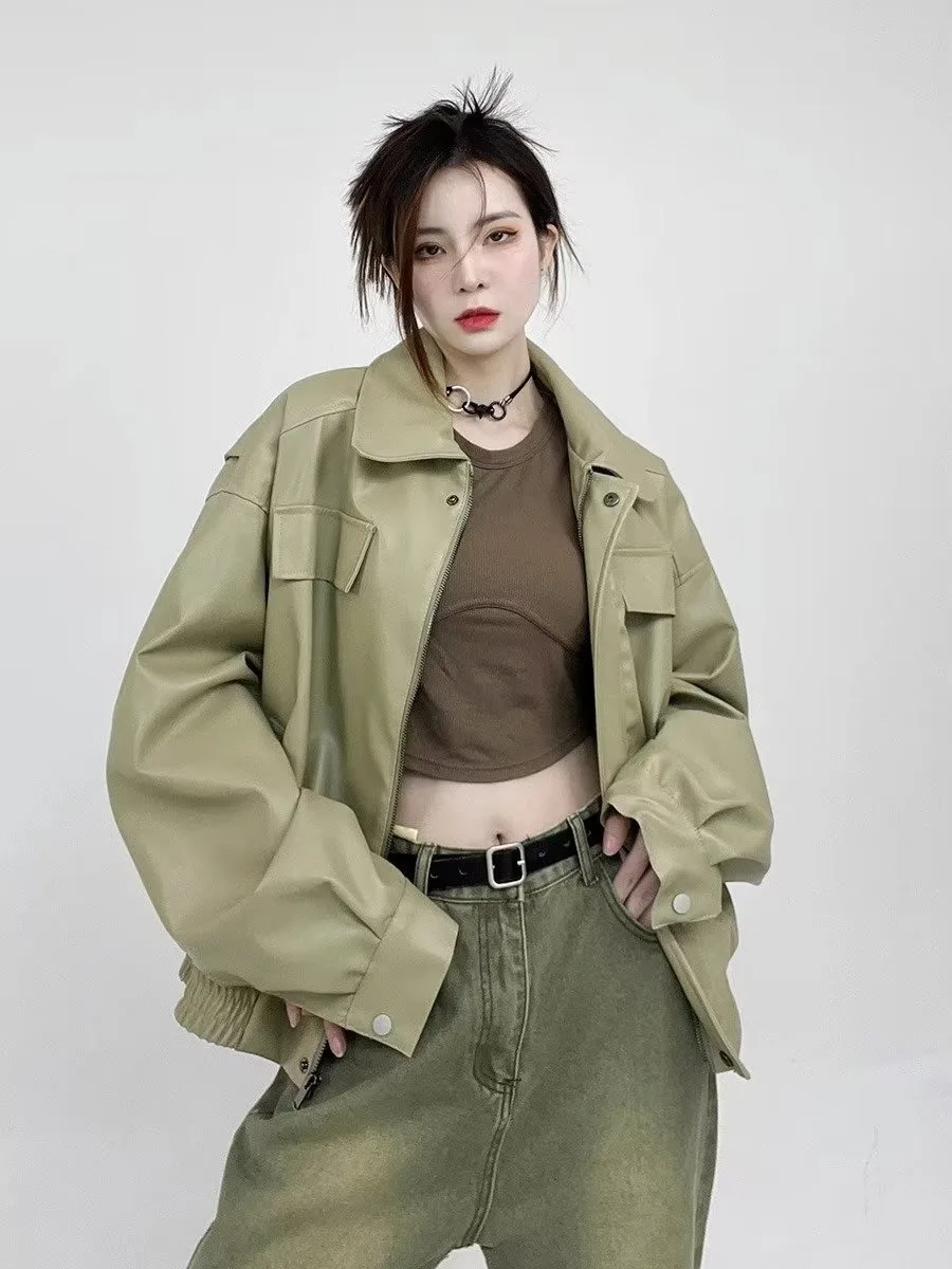 

Retro American Hip Hop PU Leather Jaet Loose Motorcycle Street Sle Coat for Men And Women Spring Autumn Trendy Brand