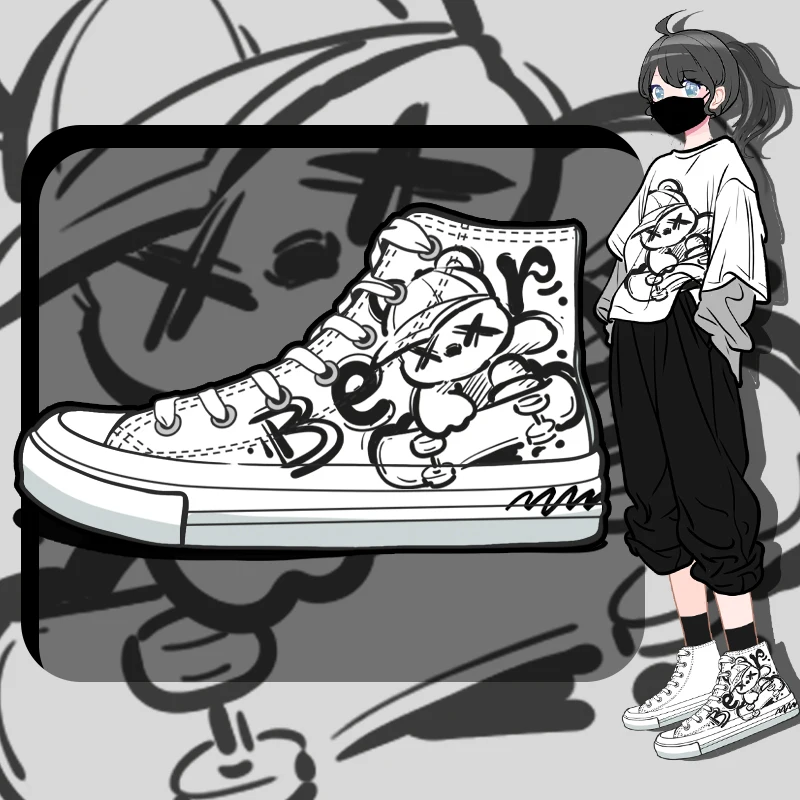 Amy and Michael Cute Anime Cartoon Shoes Kawaii Girls Students Casual High Top Sneakers Female Women Handpainted Canvas Shoes