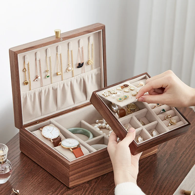 Hxl Solid Wood Large Capacity Jewelry Box Earrings Ear Stud and Ring Necklace Jewelry Box Exquisite Storage Box