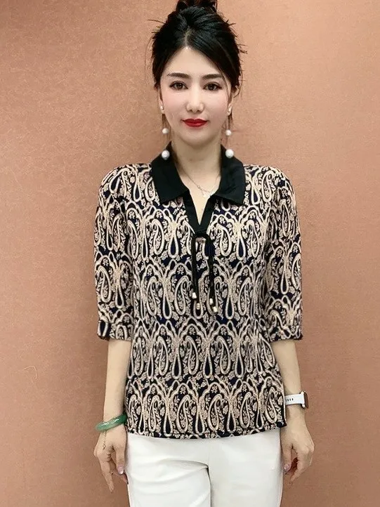 

Fashionable Printed Loose Sleeveless Turn-down Collar T-shirt for Middle-aged And Elderly Women Breathable Lightweight Polyes...