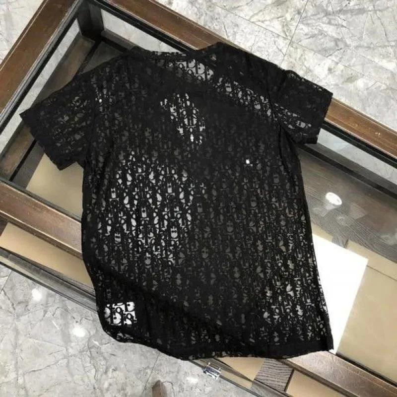 Hollow Out Lace Mesh T‑Shirt See‑Through Short Sleeve Tops Solid Color Breathable Casual Streetwear Summer Sheer Tee Shirts