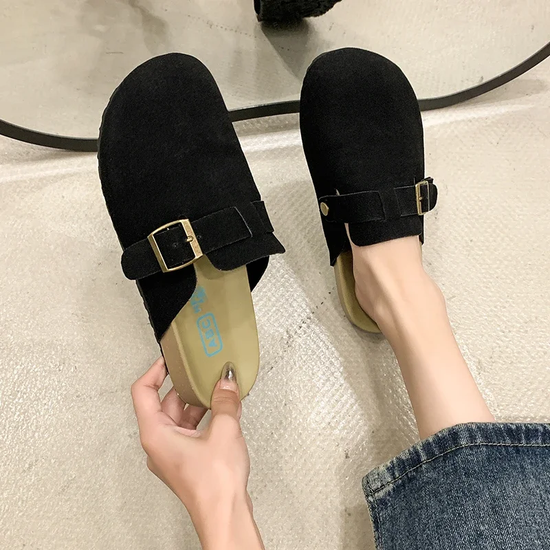 Women\'S Closed Toe Slippers Cow Suede Leather Clogs Woman Sandals Retro Fashion Garden Mule Clog Slide Casual Shoes Female