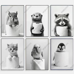 Black White Animals Holding Paper Rolls Funny Bathroom Poster Otter Owl Cat Dog Canvas Painting Wall Art Toilet Room Home Decor