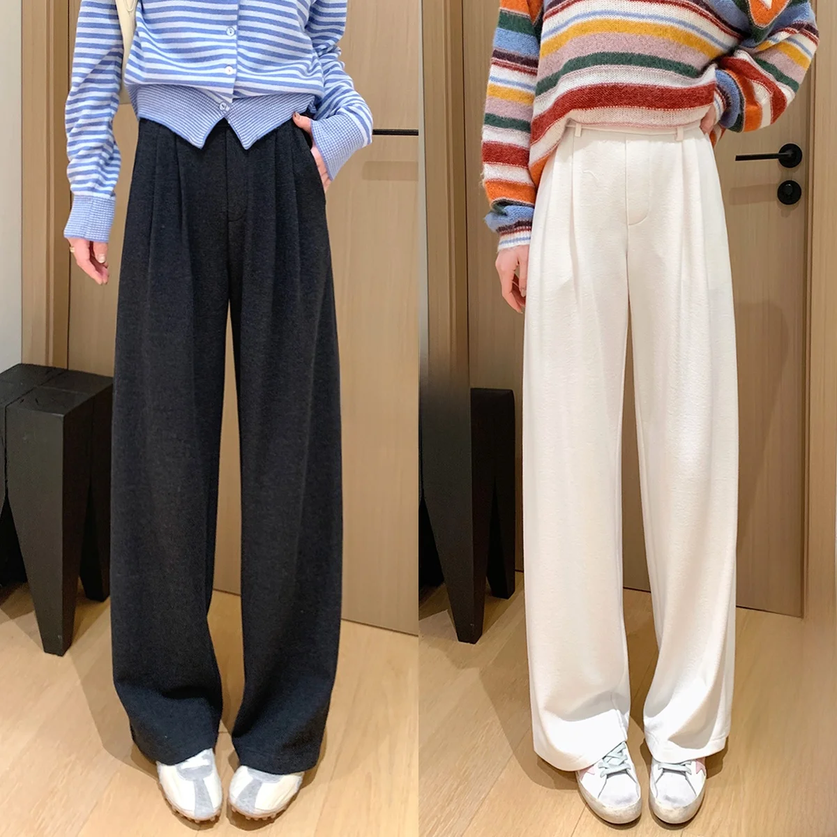 

Wide Leg Casual Woolen Trousers for Women High Waist Straight Cut Four Needle Six Tead Casual Pants by Da Ding Lu