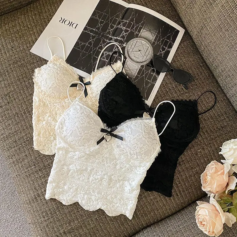 Tanks Camis Womens Cool Bowknot Strapเสื้อกั๊กRuffled Slim Fit Crop TopสําหรับStreetwearดูY2Kฤดูร้อนสบายๆเกาหลี