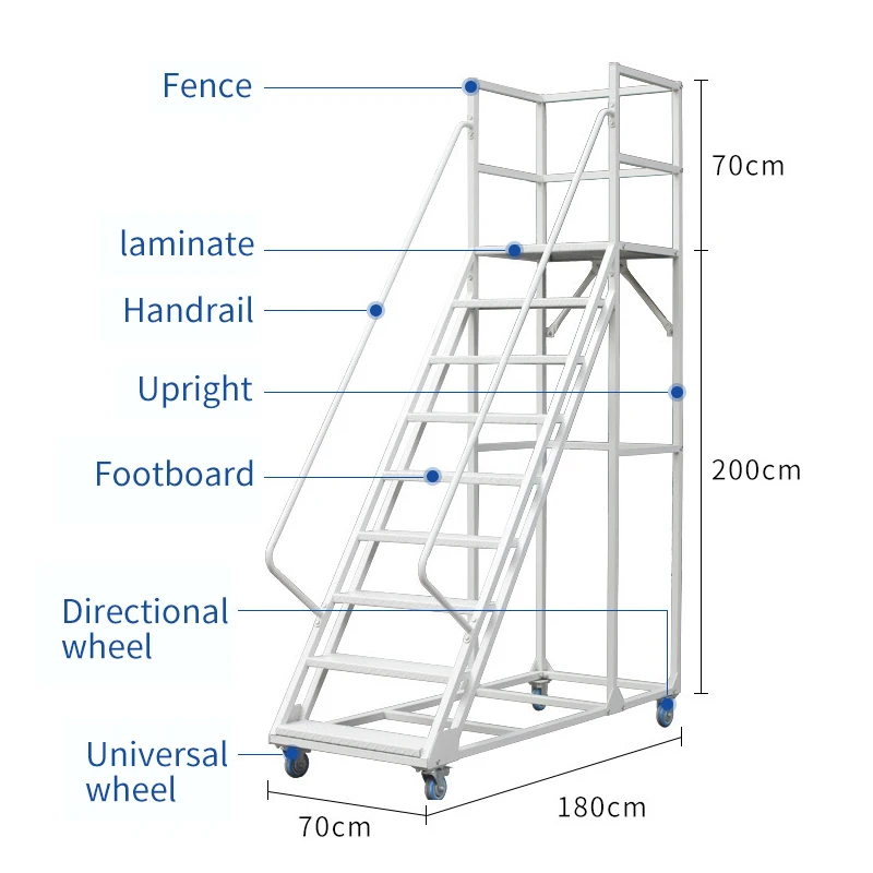 Warehouse Portable Rolling Mobile Work Platform Cold-rolled Steel Ladder with Handrail Steel Ladder Industrial Ladder