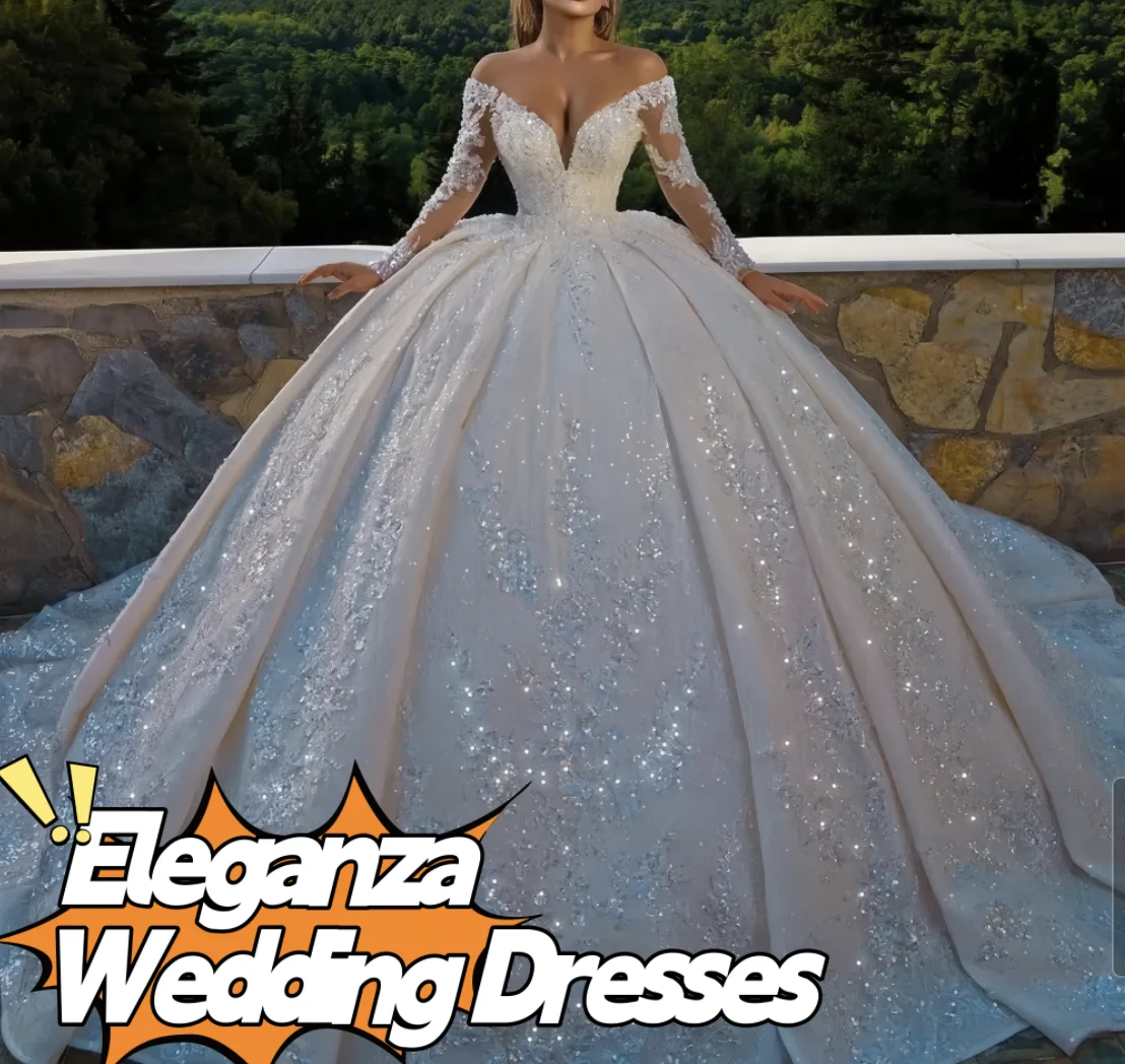 맞춤형 v 넥 웨딩 드레스 오프 숄더 긴 소매 반짝 이는 아플리케 스팽글 레이스 드레스 vestidos de novia