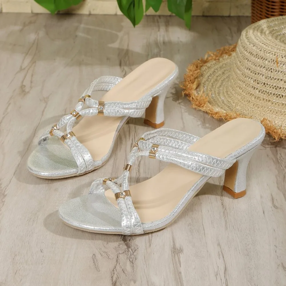 

Женские модные туфли 2026: Новые летние босоножки из ПУ с кристаллами и стразами, золотые, на тонком каблуке, для вечеринок и повседневной носки