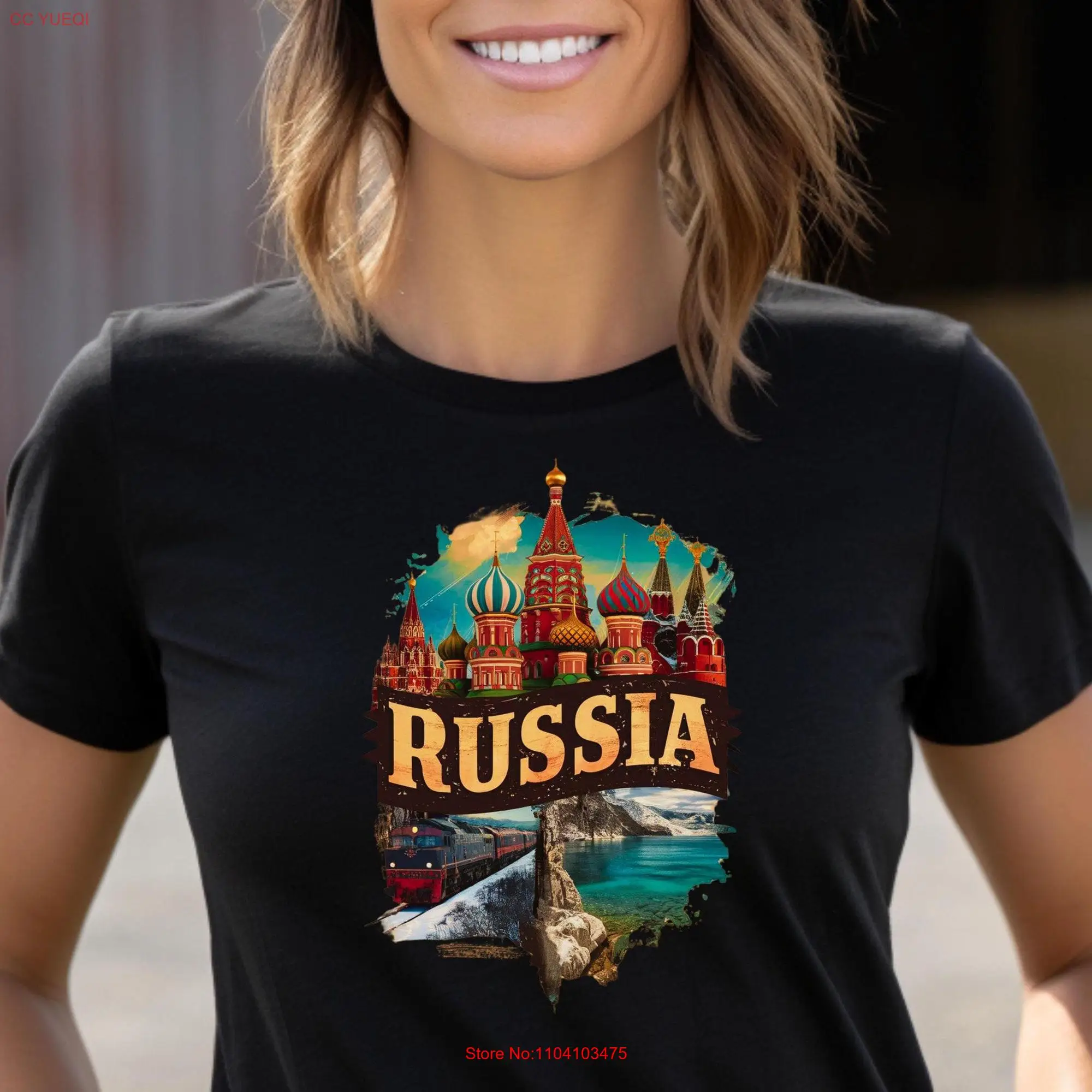 Russia Landmarks T Shirt Moscow Capital Trans Siberian Railway Saint Basil's Cathedral Baikal Lake Vintage Design