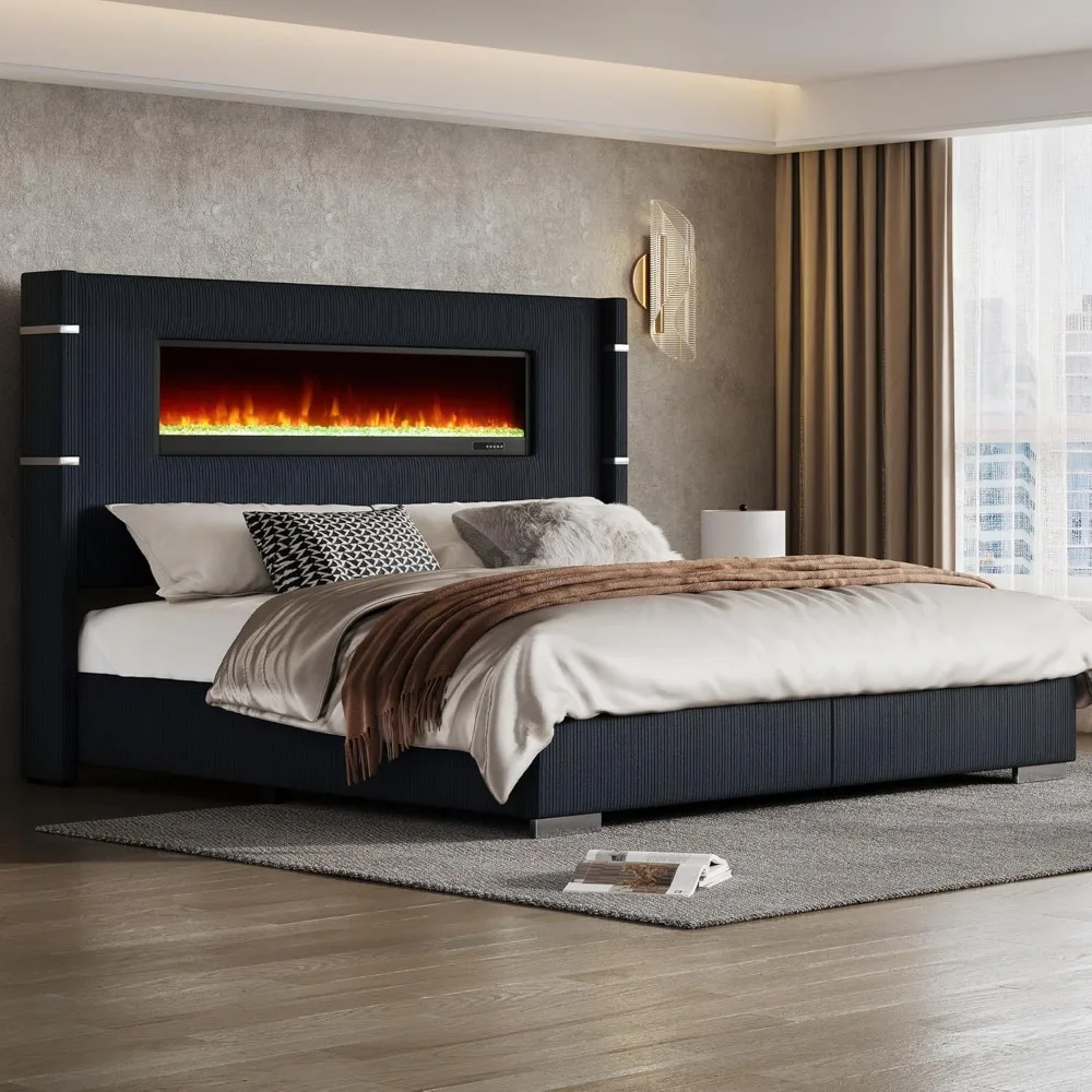 

Modern California King Size Bed Frame with Fireplace, Corduroy Upholstered Bed Frame with 60.4“ Extra Tall, Customized