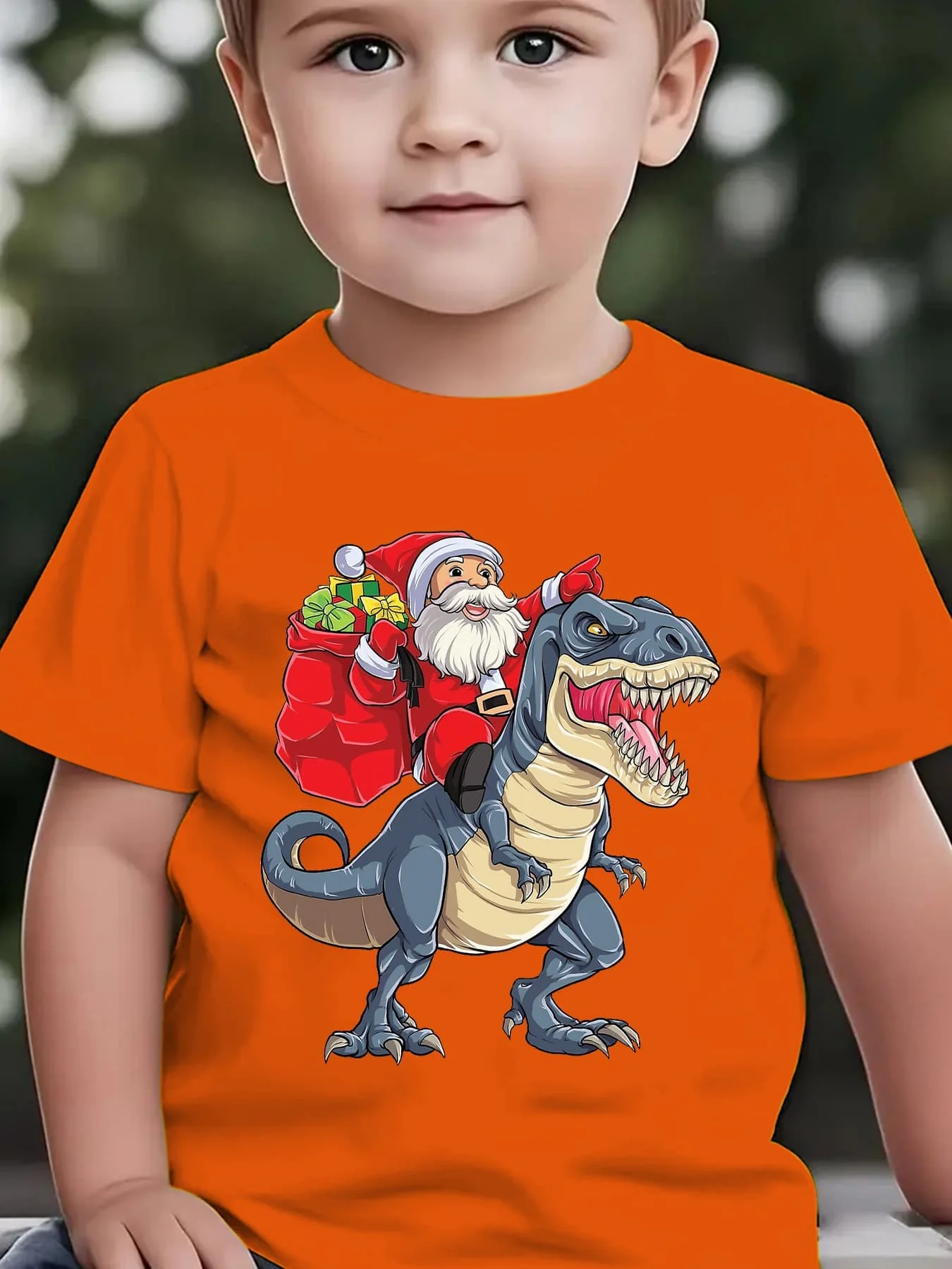 Summer Children's T-shirt with Colorful Lights Santa Claus Riding Dinosaur Cartoon Pattern Printed Outdoor  Parent-child Top