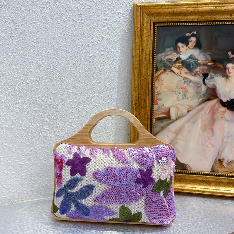 Retro national style new Chinese linen bag heavy industry sequined flower splicing embroidery trend elegant portable dinner bag