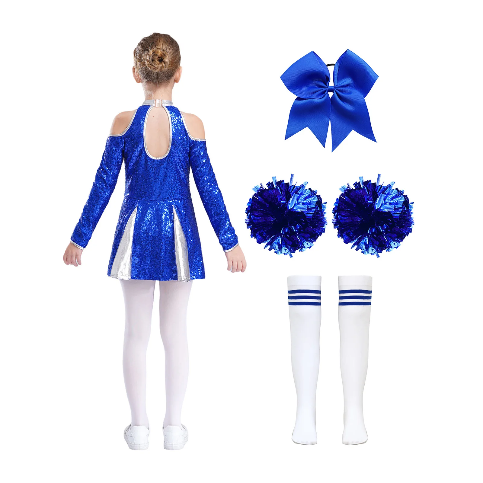 Kids Girls Cheerleading Uniforms 4Pcs School Cheer Dance Outfit Shiny Sequins Cold Shoulder Dress Carnival CheerLeader Dress up