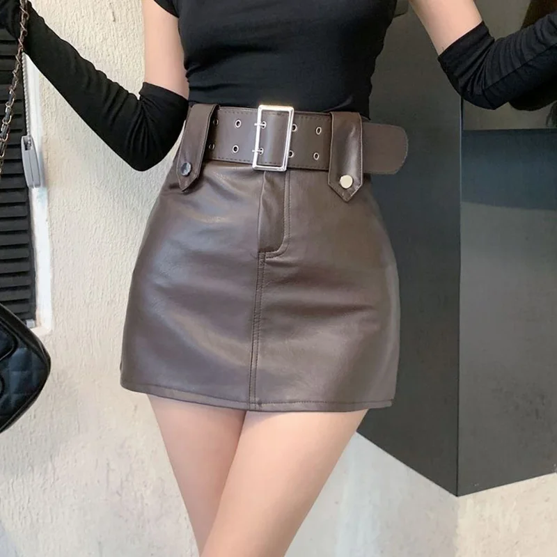 Biyaby Hot Chick Pu Leather Skirt Women Office Temperament with Belt Coffee Mini Skirt Ladies fashion Anti-Glare Short Skirts