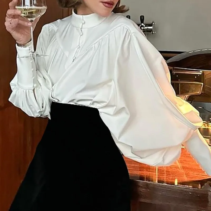 Camicette bianche da donna Camicia elegante manica lunga a sbuffo a lanterna Colletto alla coreana Chic Vintage Office Ladies Autunno High Street Button y2k