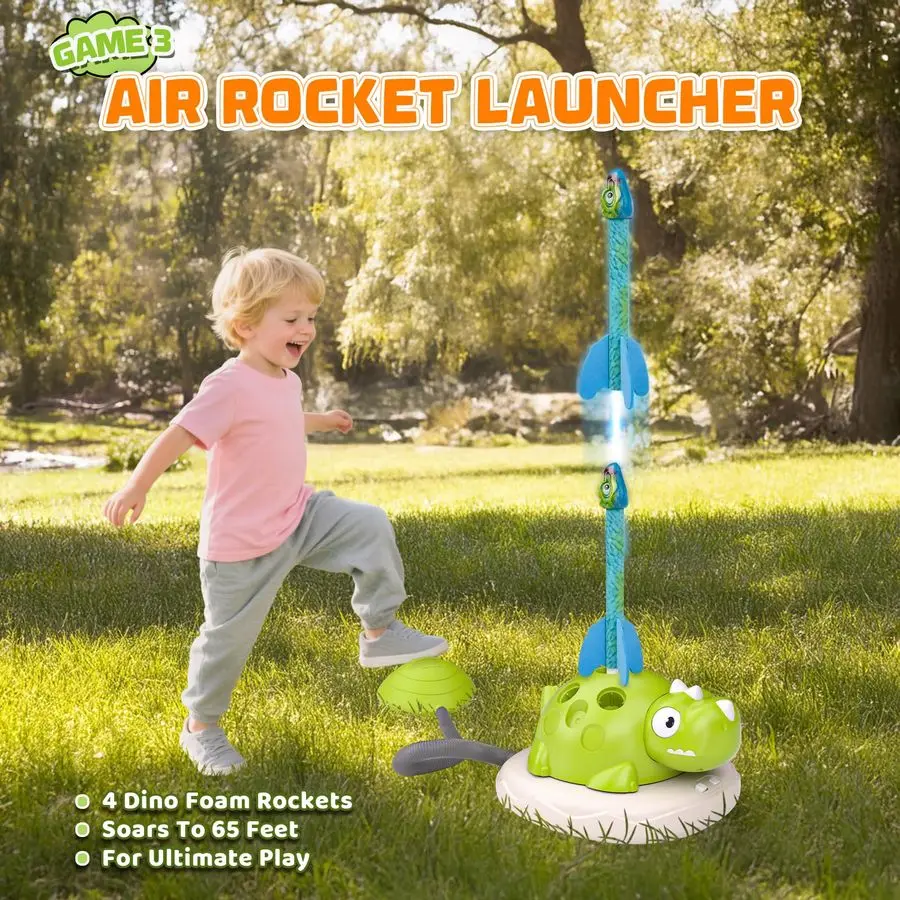 3 in 1 Dinosaur Musical Jumping, Toss Ring and Stomping Launch Rocket Launcher, Indoor amp Outdoor Sports Toys with Remote Contr
