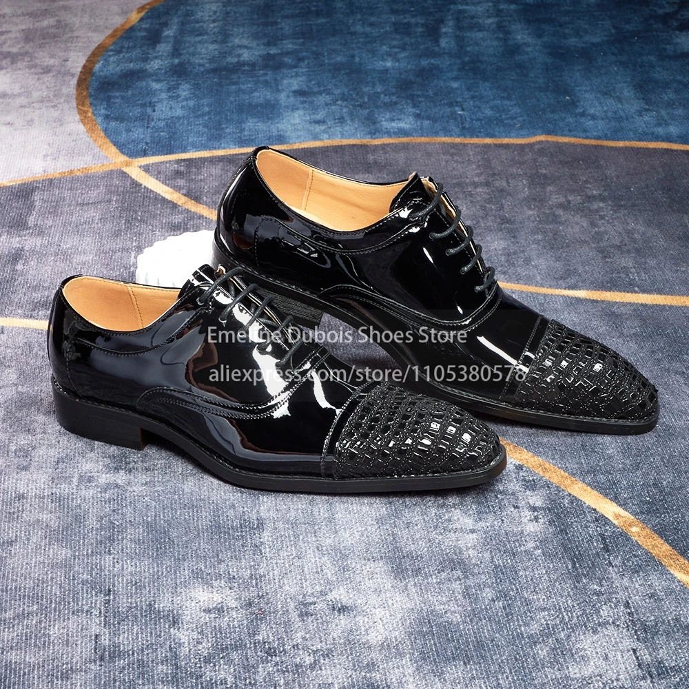 Shiny Patent Leather Embossed Cap Toe Men Oxfords Shoes Pointed Toe Lace up Elegant Dress Shoes Wedding Business Formal Shoes