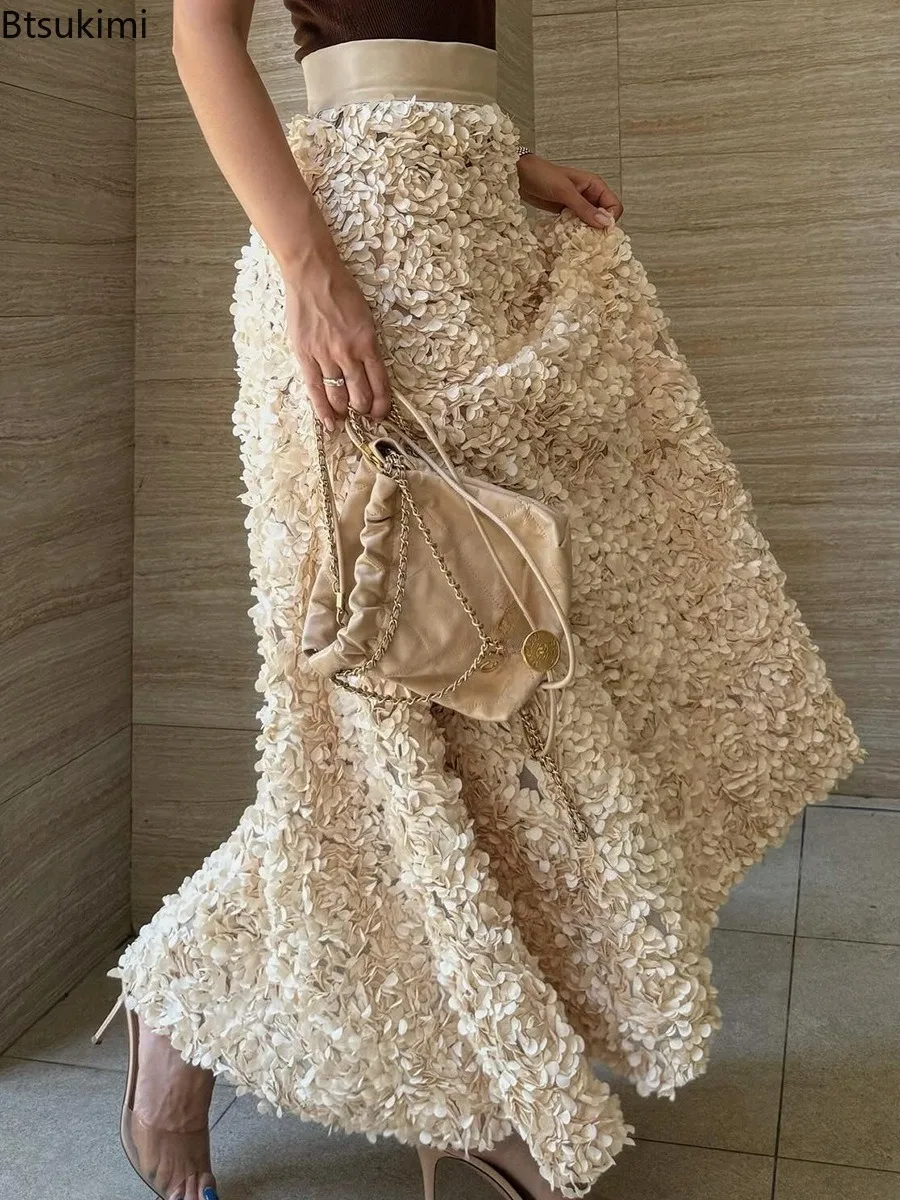 New Women Elegant Petal Maxi Skirt High Waist Design Retro Evening Party Skirt Winter Fashion Formal Ladies Romantic Flowy Skirt