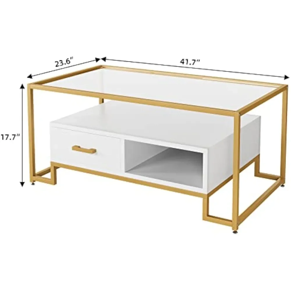 Salontafel Gehard Glas, Gouden Rechthoekige Centrale Tafel, Modern Glazen Blad Met 2 Laden En Opbergplanken, Salontafel