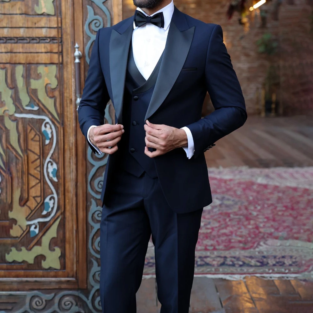 Navy Blue Suits Men Peak Lapel Wedding Groom Tuxedo Male Banquet Blazer Slim Fit 3 Piece Jacket Vest Pants Costume Set