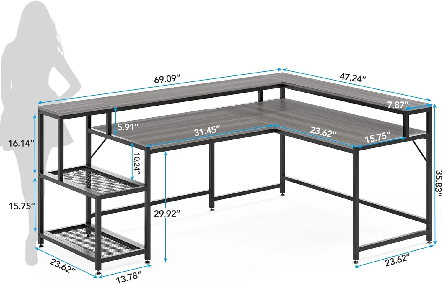 Tribesigns-Bureau en forme de L avec support pour moniteur, grand bureau d'angle réversible avec étagère de rangement, table d'ordinateur industrielle, 69 pouces