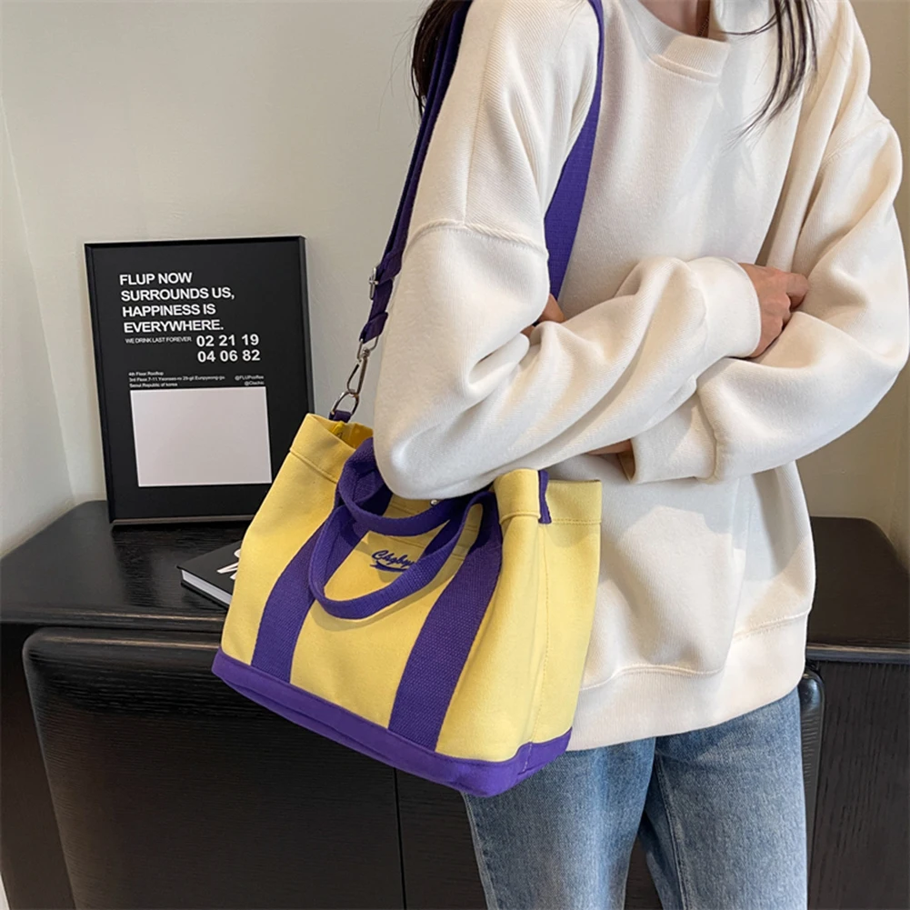 Women\'s Canvas Small Handbag Large Capacity Grocery Bag Contrast Color Ladies Shoulder Bag Adjustable Strap Patchwork Mini Totes