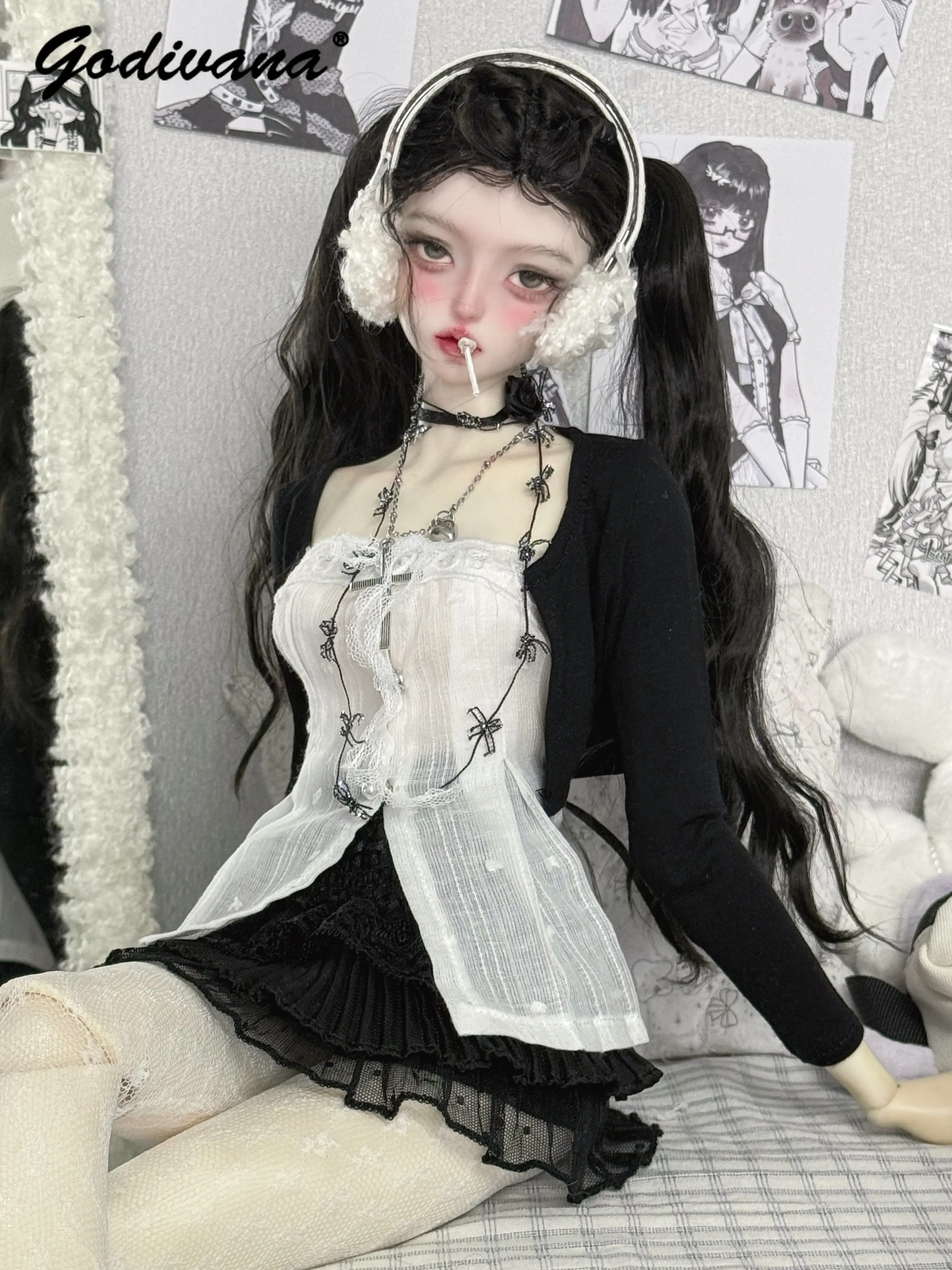 1/3 BJD Doll Outfit Dark Sweet Mine Style Set White Sheer Corset with Black Crop Cardigan Multi Layered Lace Skirt Doll Clothes