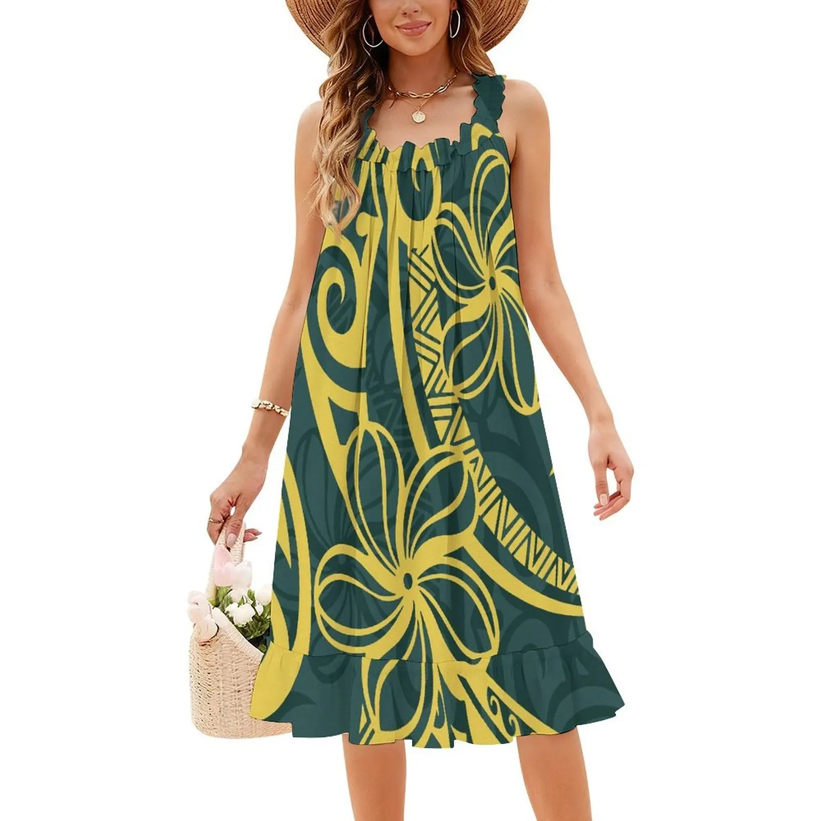 Polynesian Custom-Made Summer Round-Neck Short-Sleeved Tribal Design Loose Lace Collar Sleeveless Halter Dress For Women