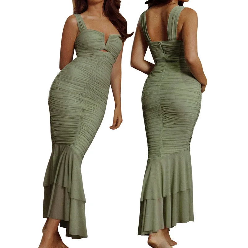 

Women Fishtail Hem Bodycon Long Dress Evening Party Summer Clothes 2023 Sleeveless Cutout Ruched Dress Sexy Club Streetwear