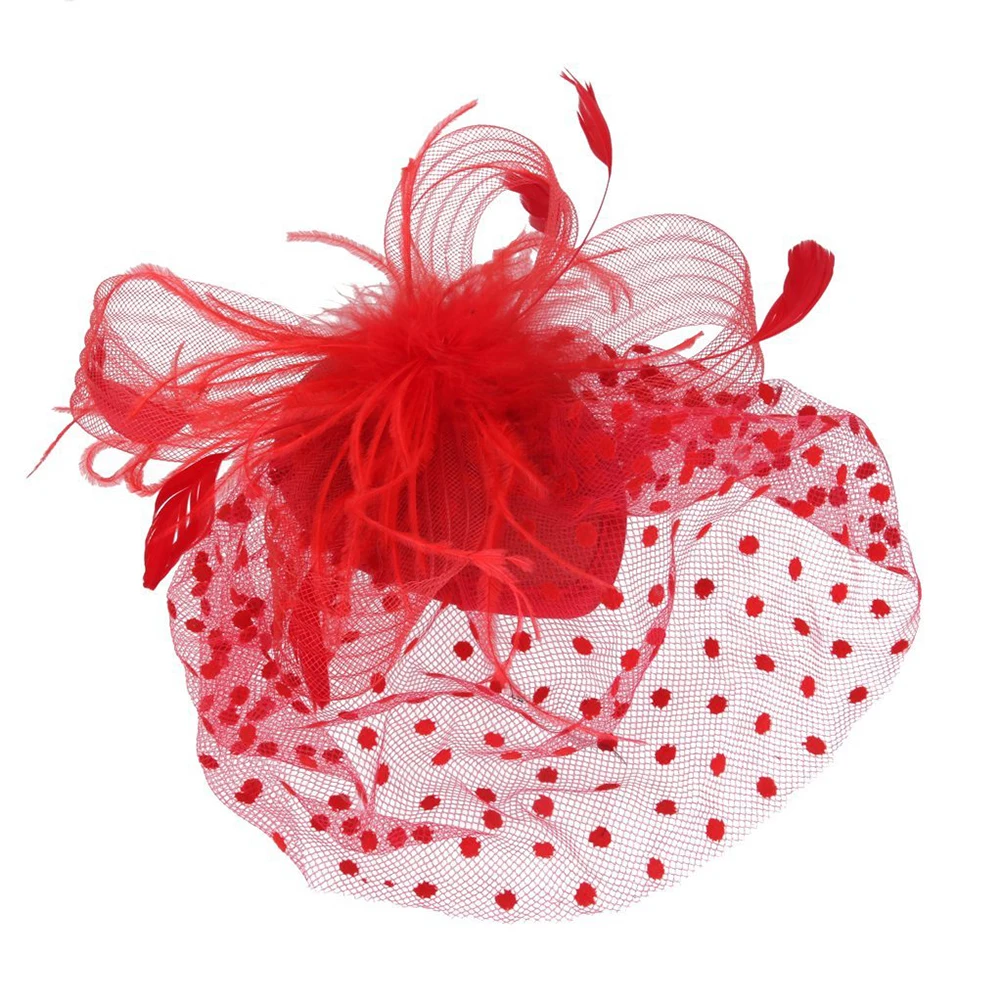 

Elegant Vintage Fascinator Hat With Flowers Beads Dot Mesh Hair Clip For Wedding Bridal Party Prom Ball Red