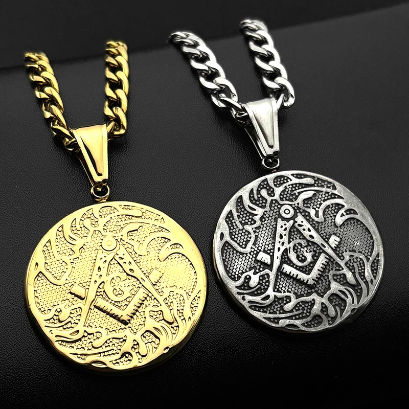 Mason Badge Freemasonry Symbol Pendant Necklace for Women Men Stainless Steel Gold Color Mysterious Amulet Chain Jewelry Gift