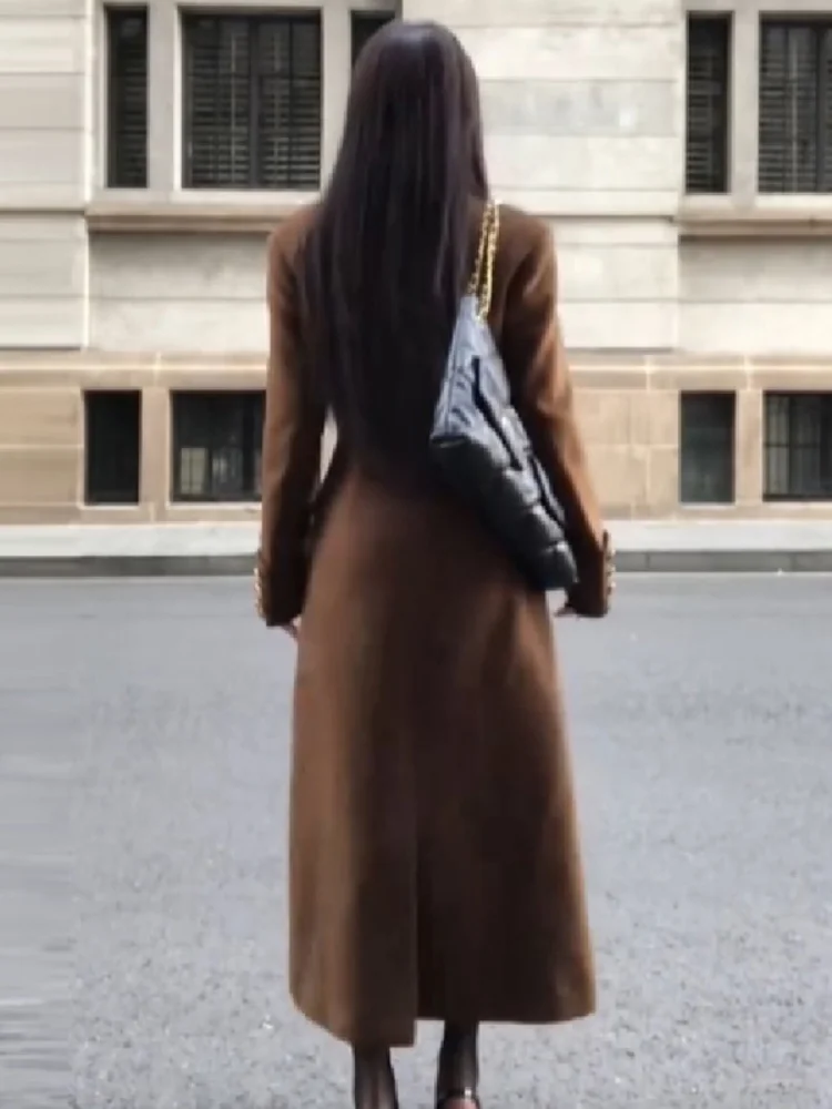Women Hourglass Fit Maxi Coat Wool‑Blend Lapel Collar Asymmetric Buttons Slim Waist Pockets Outerwear Casual Office Overcoat