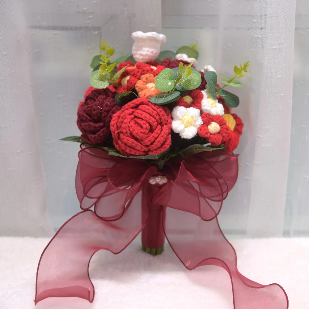 

Knitted Yarn Bouquets Special New Arrival Wedding Flowers Bridal Bouquets Burgundy Red