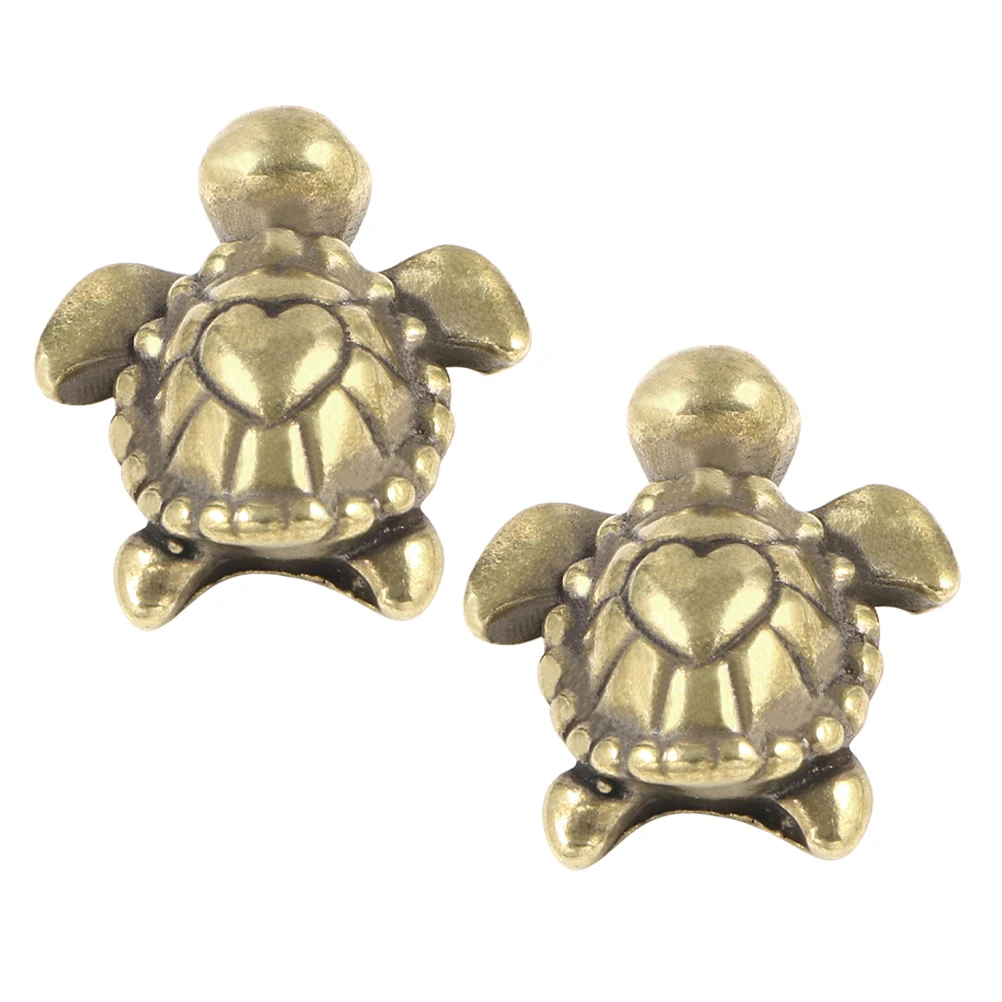 

2 Pcs Turtle Crafts Chinese Statue Good Luck Figurines Copper Feng Shui Tortoise Animal Brass Tea Pet