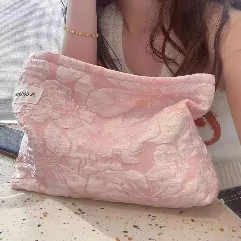 Semplici pochette da donna in tela rosa borsa per il trucco femminile borsa per cosmetici da donna con fiore borse da viaggio di grande capacità