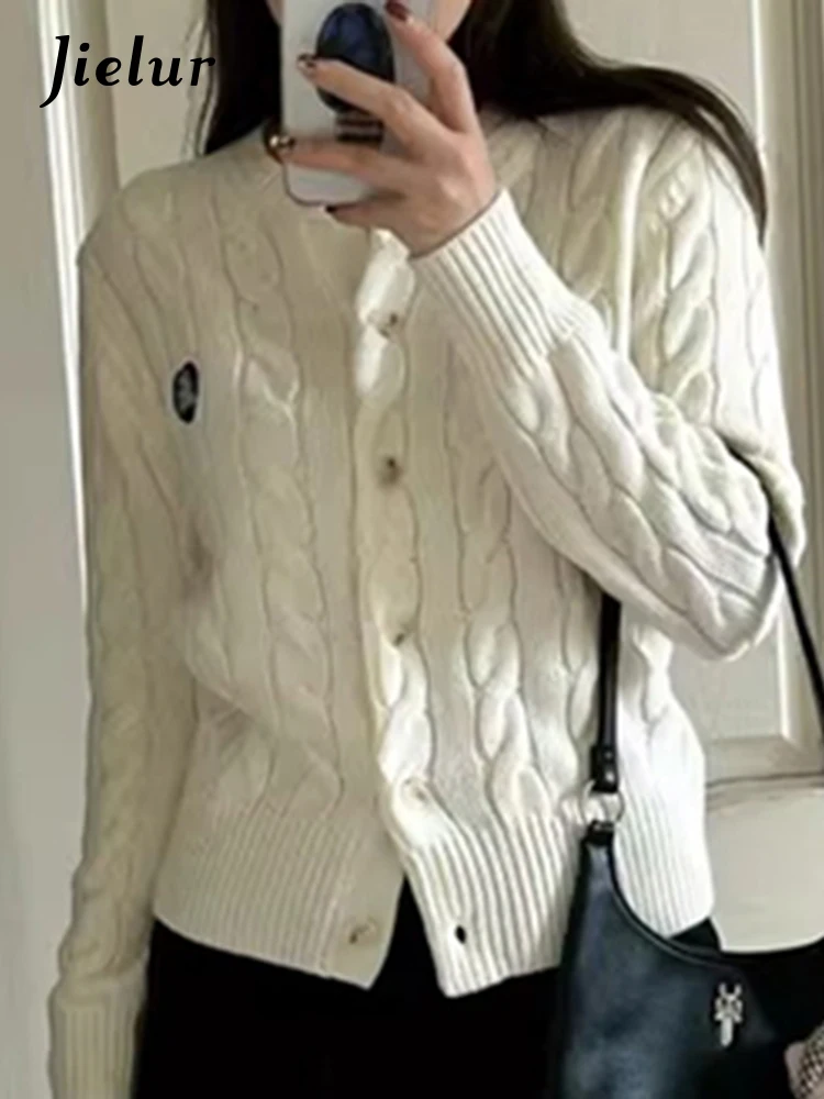 Jielur White Sweet Knitting Slim Women's Cardigan Autumn Streetwear Slight Stretch Preppy Style Casual Fashion Female Cardigan