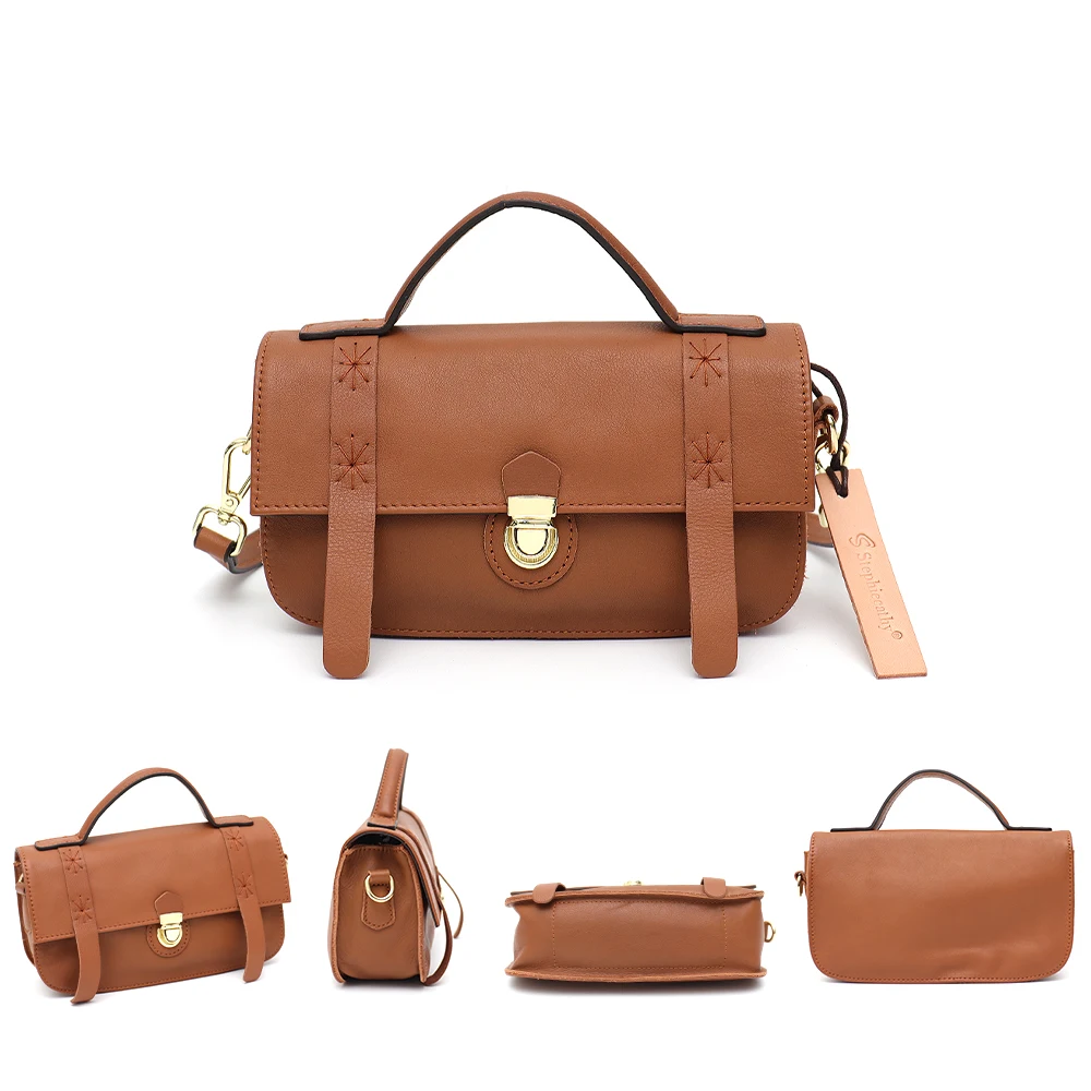 SC Retro Genuine Leather Satchel Bags Women England Style Vintage Small Top-handle Purses Casual Flap Crossbody Shoulder Handbag