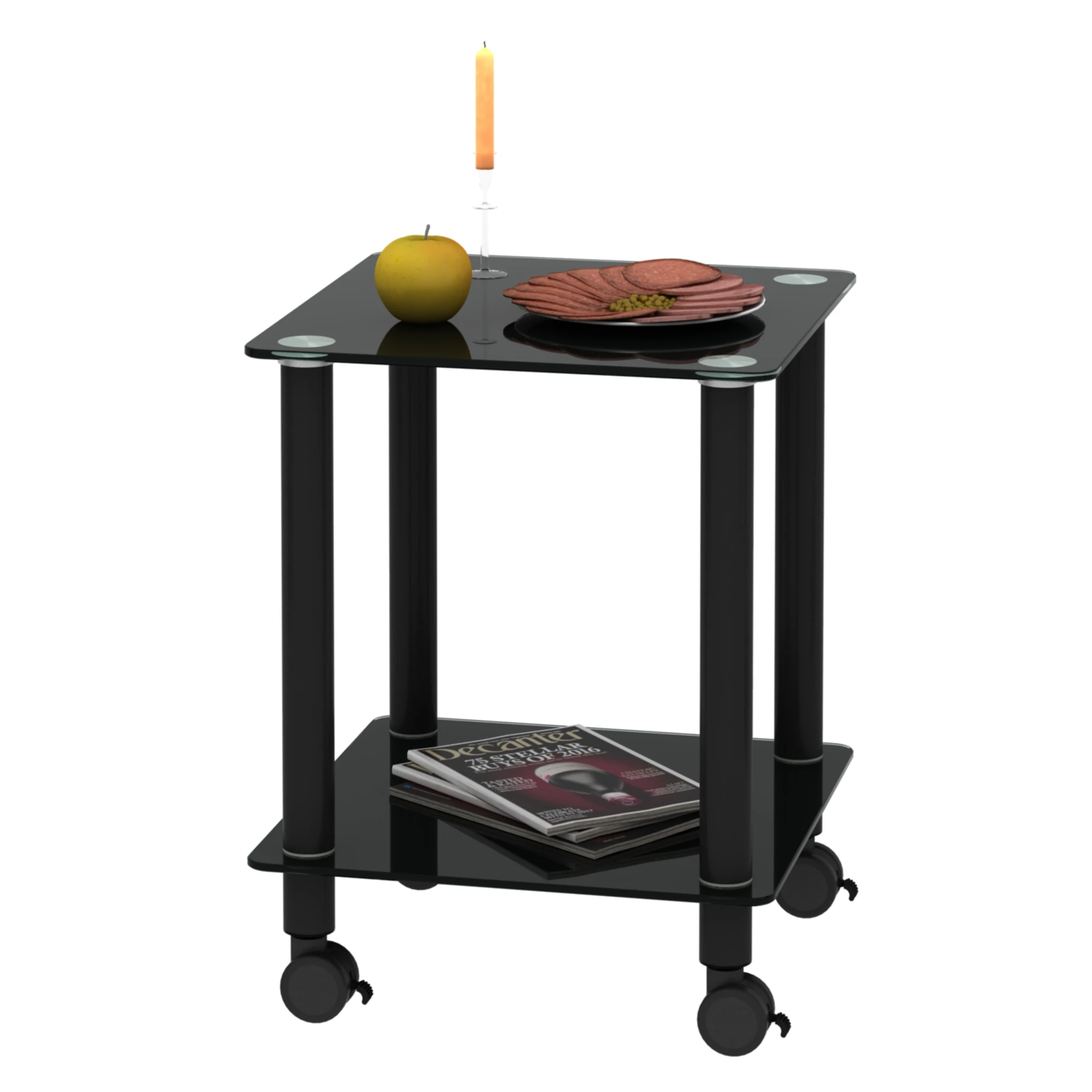 Mesa auxiliar de cristal negro de 2 niveles, mesita de noche moderna con estante de almacenamiento y ruedas [disponible en EE. UU.]