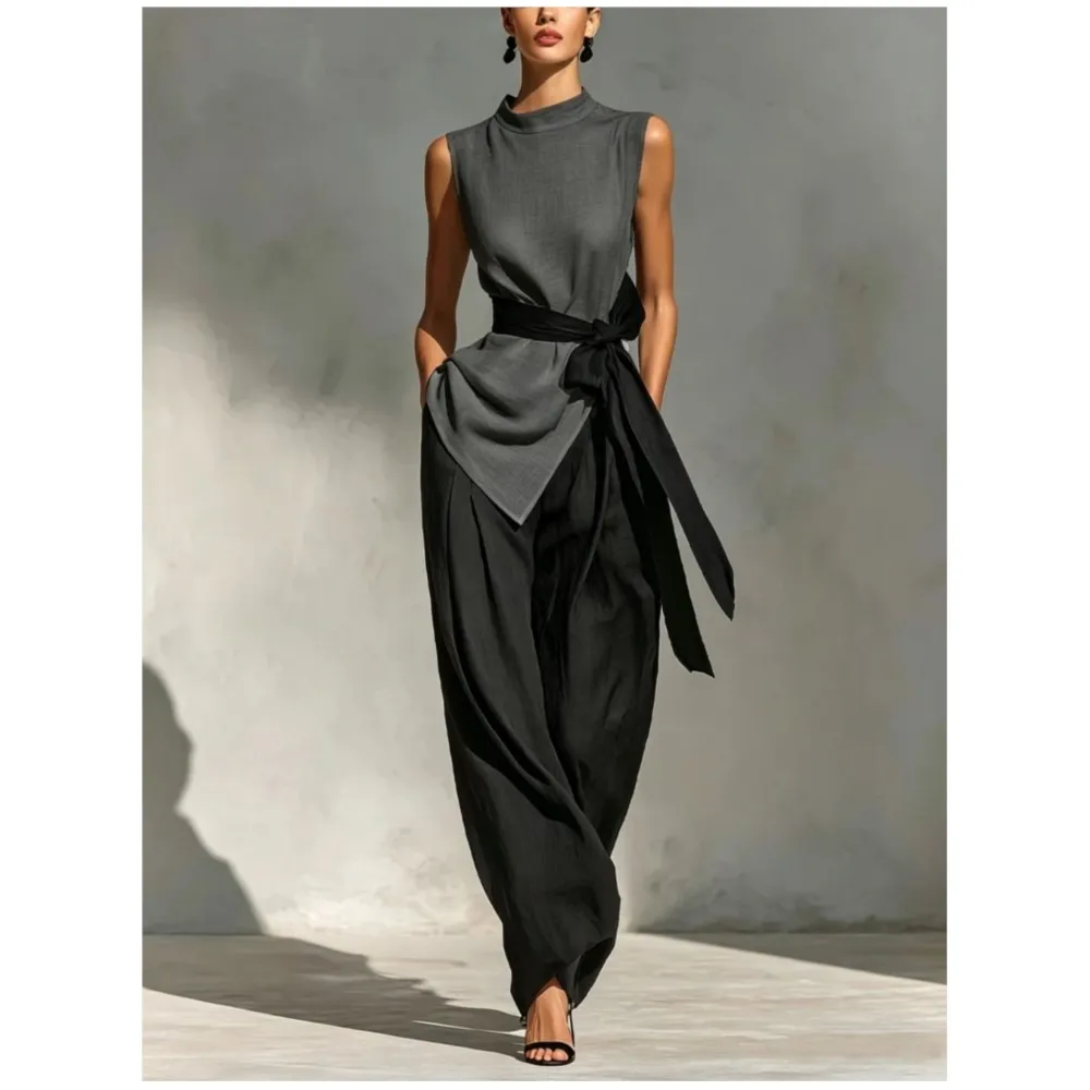 

Women's Elegant Lace Sleeveless Linen Top + Wide Leg Pants 2-piece Set Spring Summer Black White Fashion Female Office Pants Set