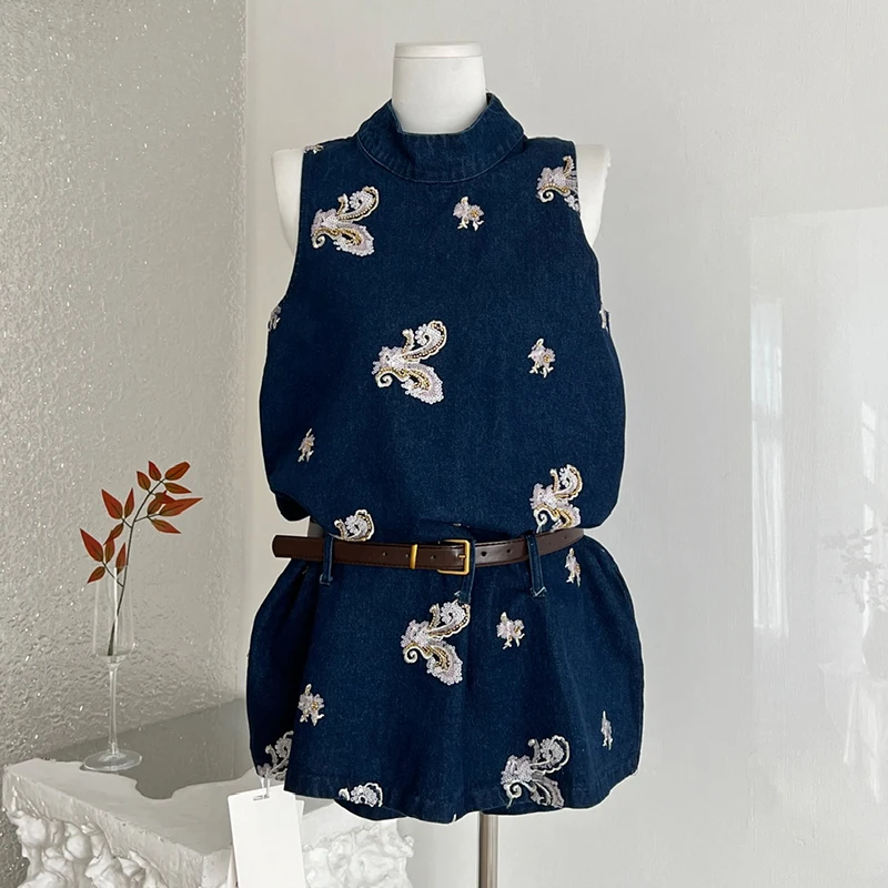 

Женский джинсовый комплект из 2 предметов в китайском стиле: вышитый цветочный жилет без рукавов, платье и шорты, корейская мода