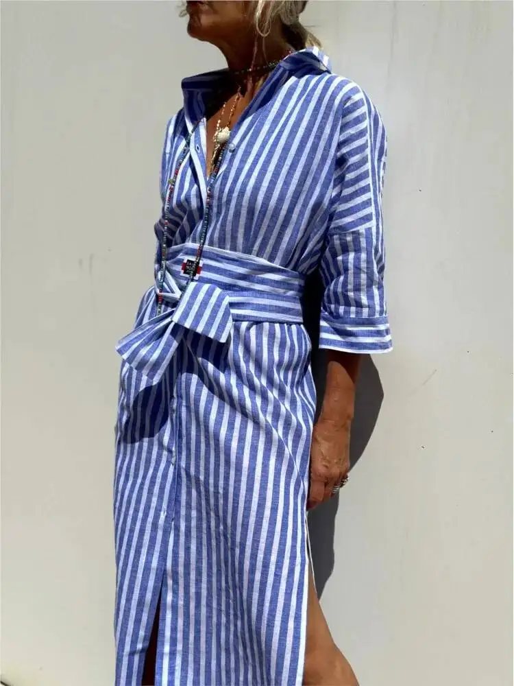 

Fashion Trend Stripe Shirts Dresses Women Lapel Half Sleeves Single Breasted Belt Loose Slit Dress Spring Lady Commuting Vestido