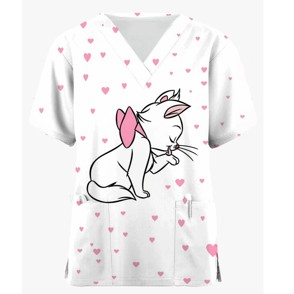 Summer Disney Mary Cat T shirts Women\'s Pocket Tee Girls Short Sleeve Hospital Wear V Neck Nurse Uniform T-shirt Cartoon Top